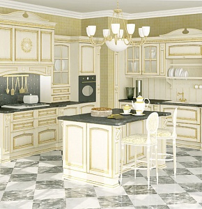 Кухня Augusta – роскошь и элегантность. Фасады изготовлены из массива ясеня в технике «decape» с применением золотого патинирования. 